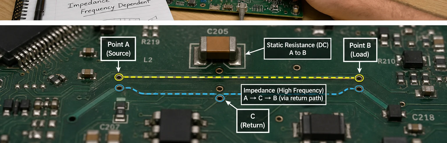 Annotated comparison of resistance and impedance in a PCB measurement and signal path context