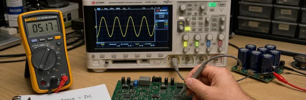 Engineer checking a PCB with oscilloscope and meter while comparing impedance and resistance behavior