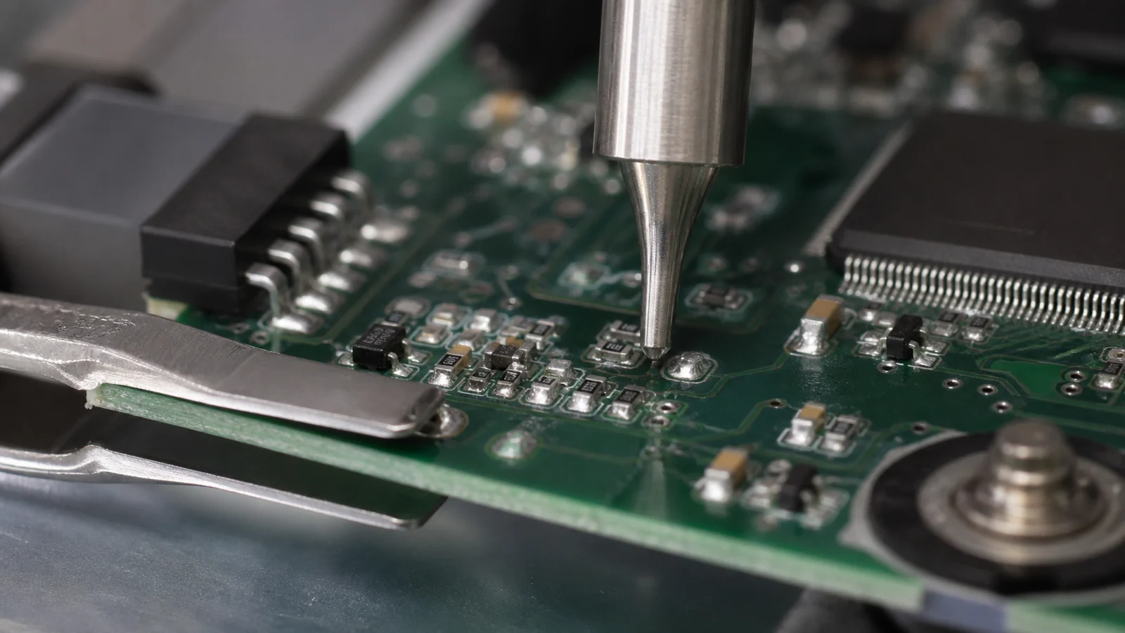 Lead Versus Lead-Free Solder in PCB Assembly Is Really a Process Decision 1 Close-up PCB solder joint inspection scene highlighting leaded versus lead-free assembly and rework conditions