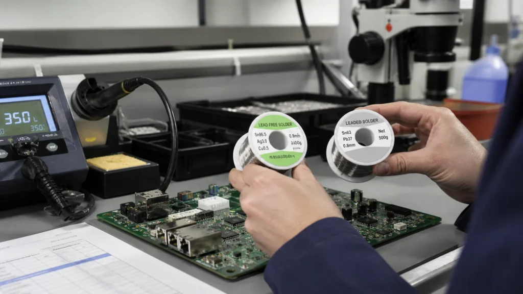 Technician comparing leaded and lead-free solder materials beside a PCB assembly workbench