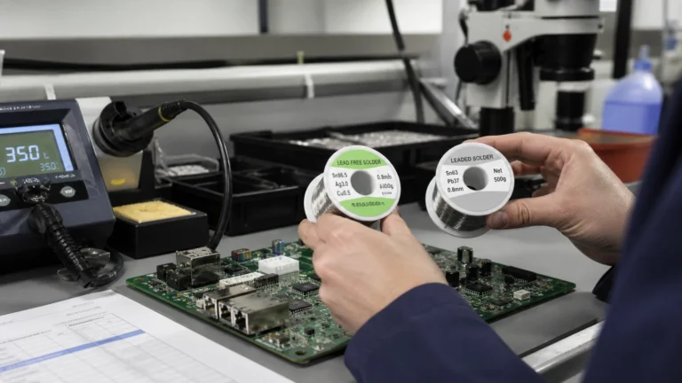 Technician comparing leaded and lead-free solder materials beside a PCB assembly workbench