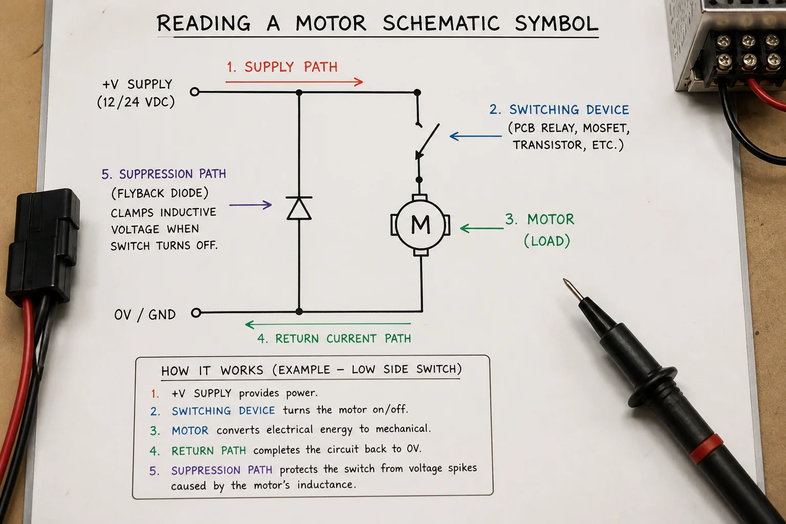 How to Read a Motor Schematic Symbol Without Guessing the Control Circuit 1 Annotated motor schematic symbol showing supply path, switching stage, suppression path, and return current