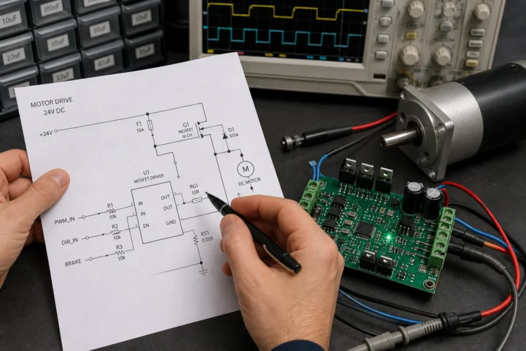 Engineer tracing a motor control schematic beside a PCB motor driver board and test leads