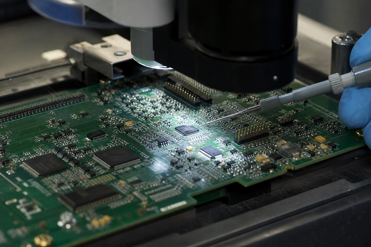 Close-up inspection of a populated PCB under optics with a probe checking solder joints and component access