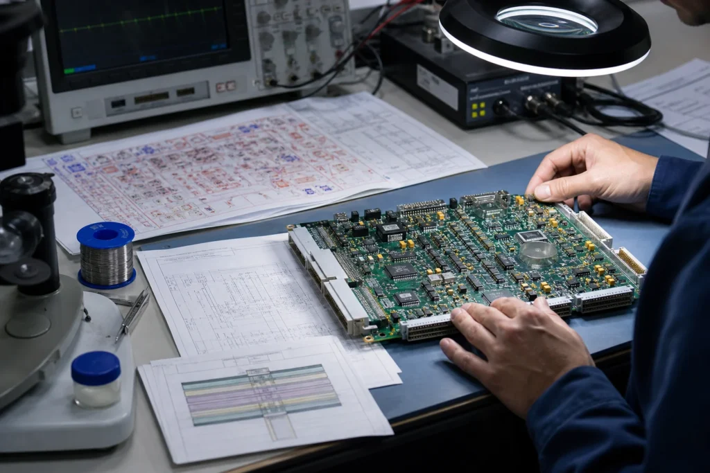 NASA PCB Design Guidelines Only Help When You Use Them as a Reliability Filter 1 Engineer reviewing a high-reliability PCB beside layout sheets, stackup papers, and inspection equipment