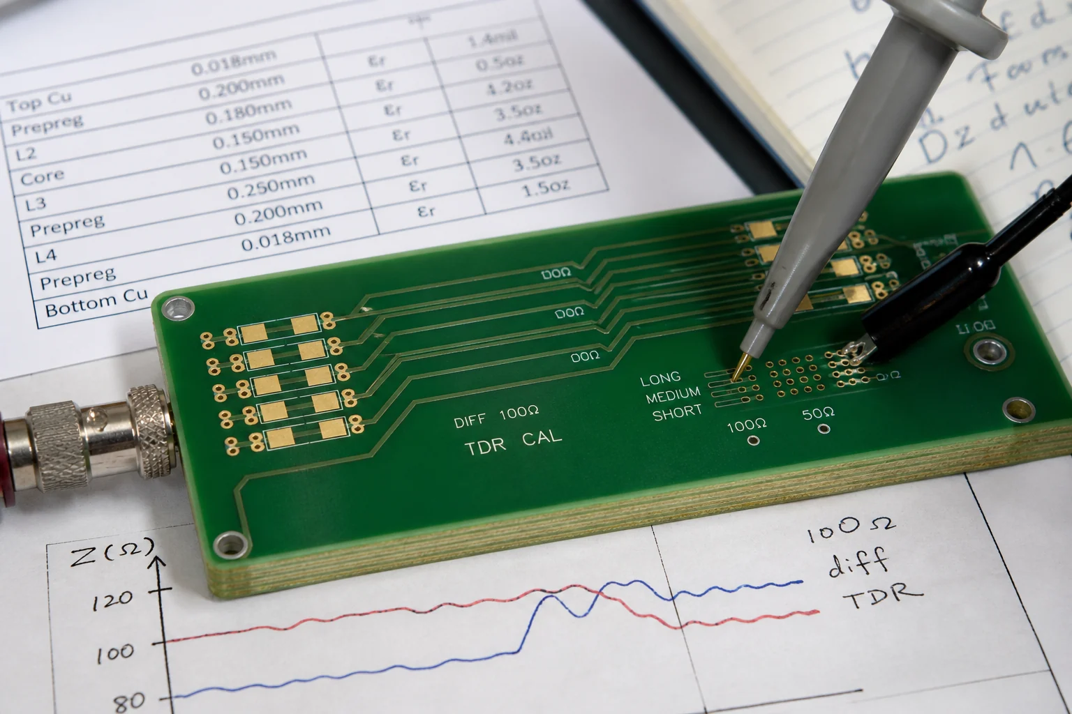 Close-up of a PCB impedance test coupon, stackup printout, and measurement notes beside a controlled impedance routing review.