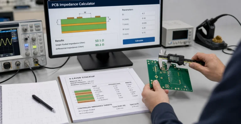 Engineer reviewing a PCB impedance calculator beside a stackup sheet and controlled-impedance board sample