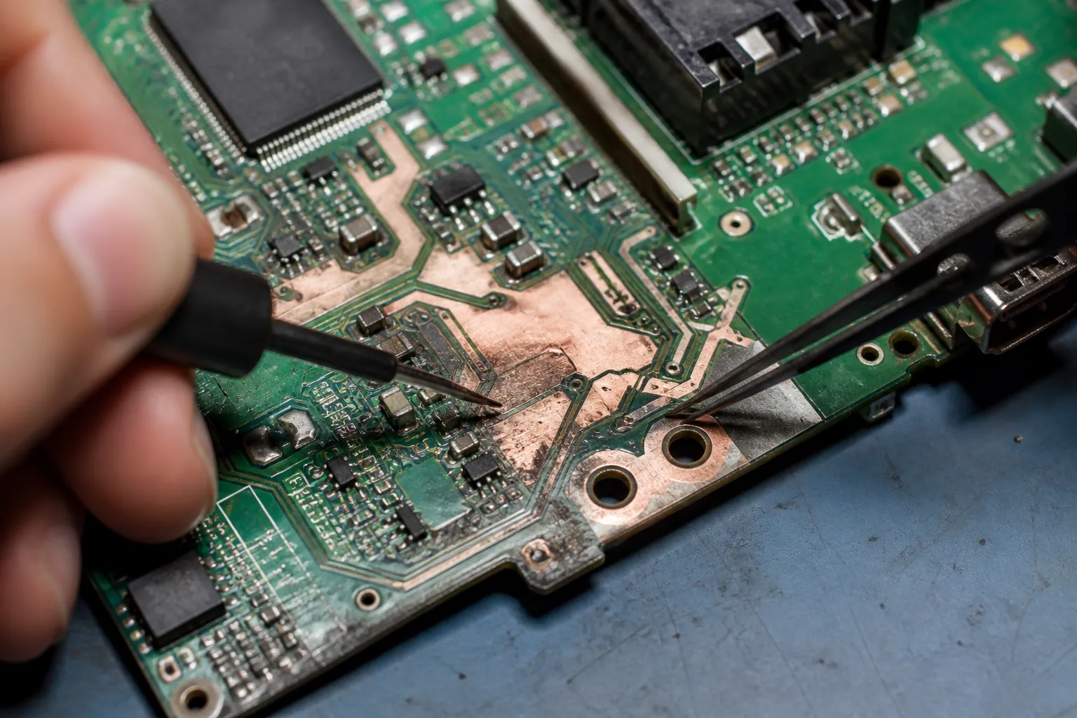A PCB Without Solder Mask Starts Failing Before the Copper Turns Black 1 Technician inspecting exposed copper pads and traces on a PCB with a probe and tweezers.