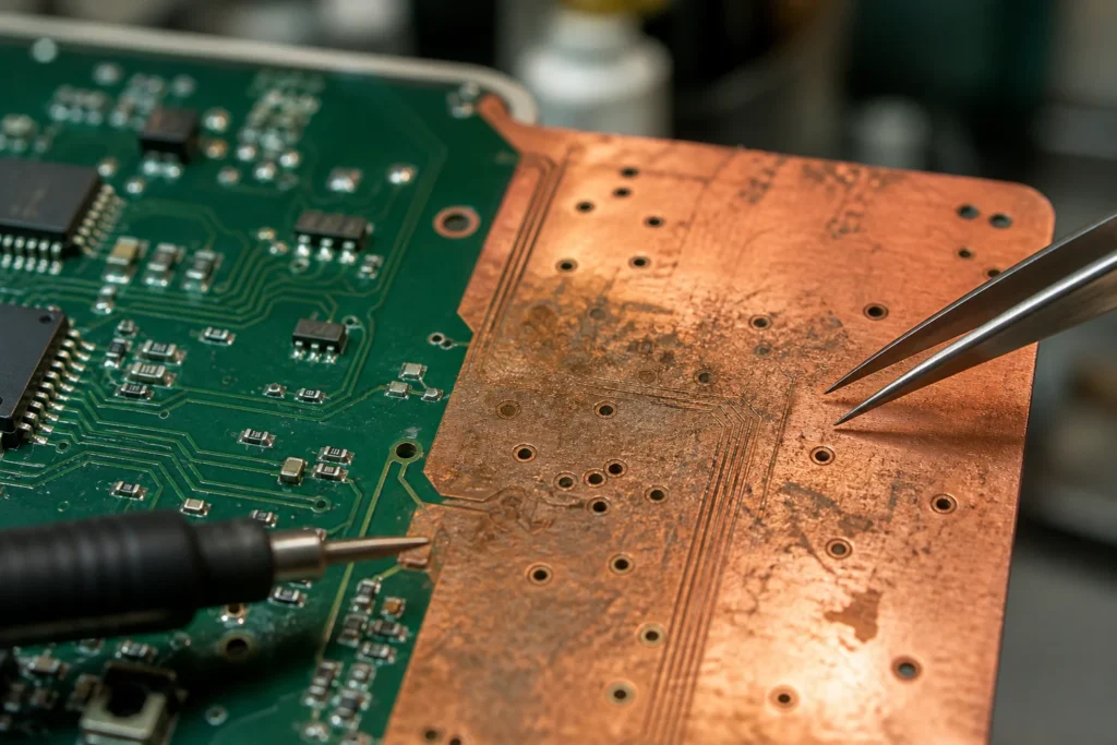 Close-up of a PCB showing exposed copper next to masked circuitry during reliability inspection.