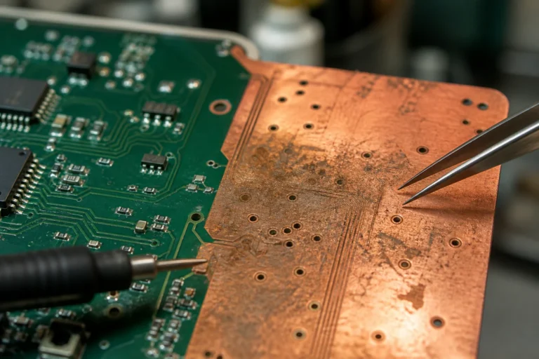 Close-up of a PCB showing exposed copper next to masked circuitry during reliability inspection.