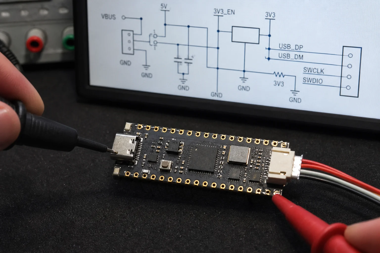 Engineer reviewing a Raspberry Pi Pico style schematic beside a populated RP2040 board during bring-up.