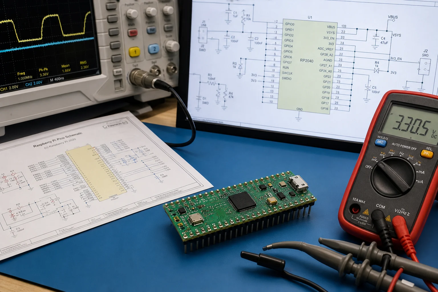 Pi Pico style RP2040 board beside scope, multimeter, and schematic during bring-up review.
