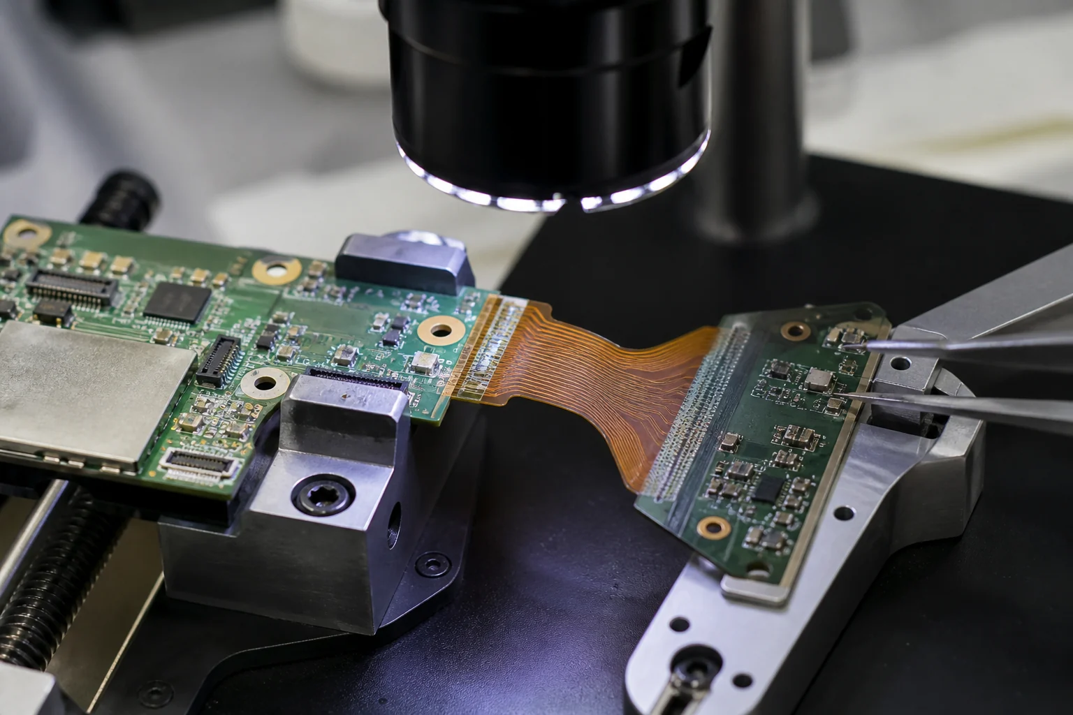 Rigid-flex PCB transition under microscope inspection with fixture support and probes on an electronics bench