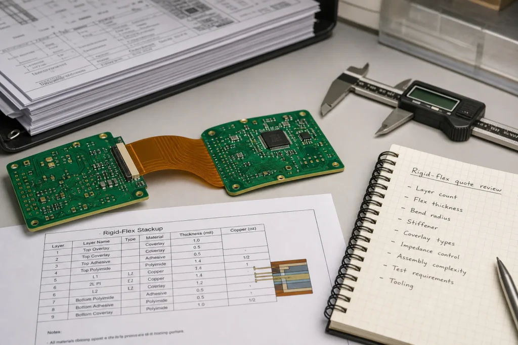 Rigid-flex PCB sample on an engineering desk with stackup sheet, caliper, and quote review notes