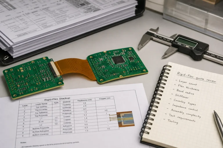 Rigid-flex PCB sample on an engineering desk with stackup sheet, caliper, and quote review notes