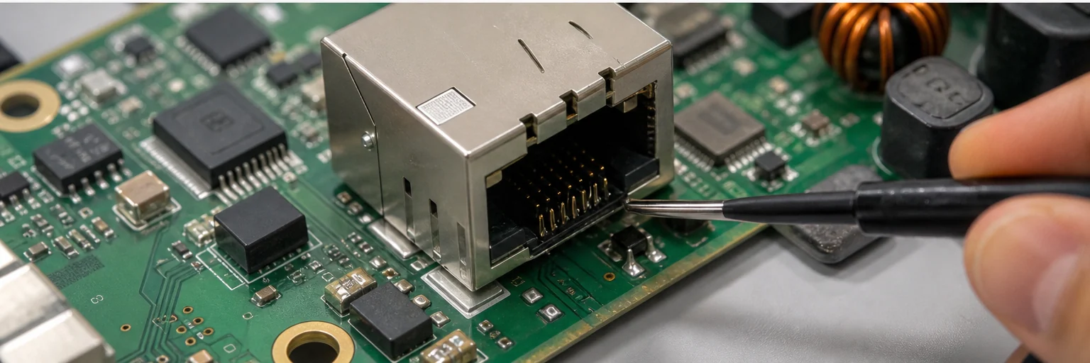 Close-up of an RJ45 connector on an Ethernet PCB while a probe checks the connector pin area during inspection