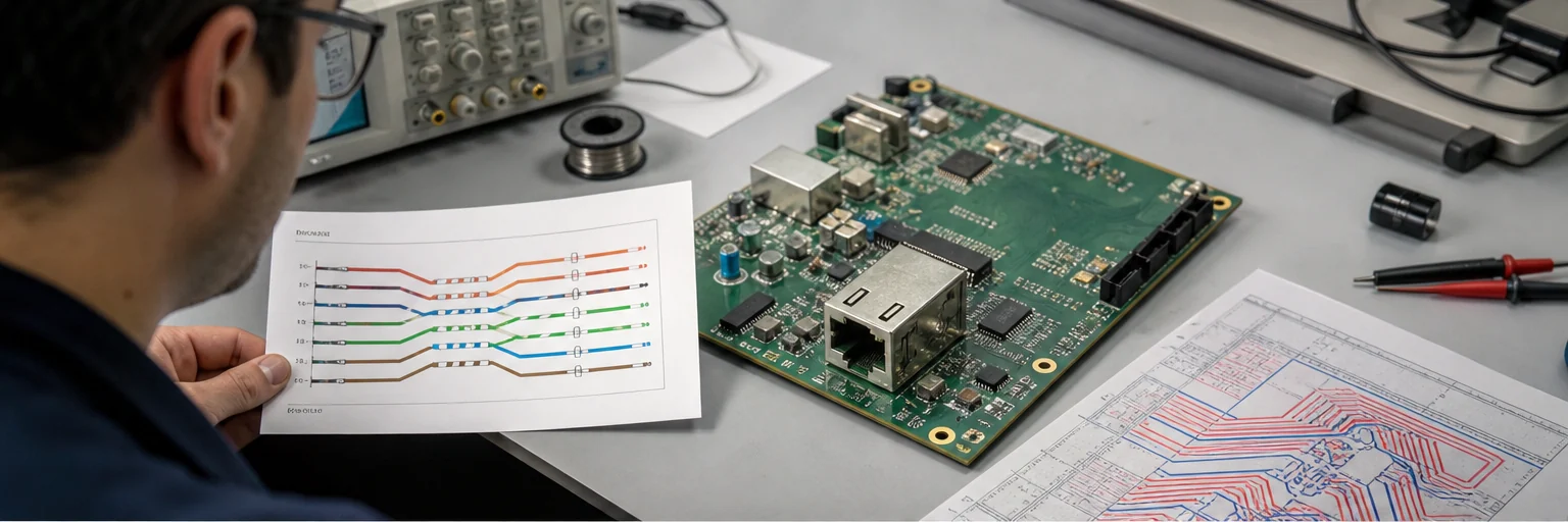 Engineer reviewing an Ethernet PCB with an RJ45 connector, pair mapping sheet, and routing notes on a workbench