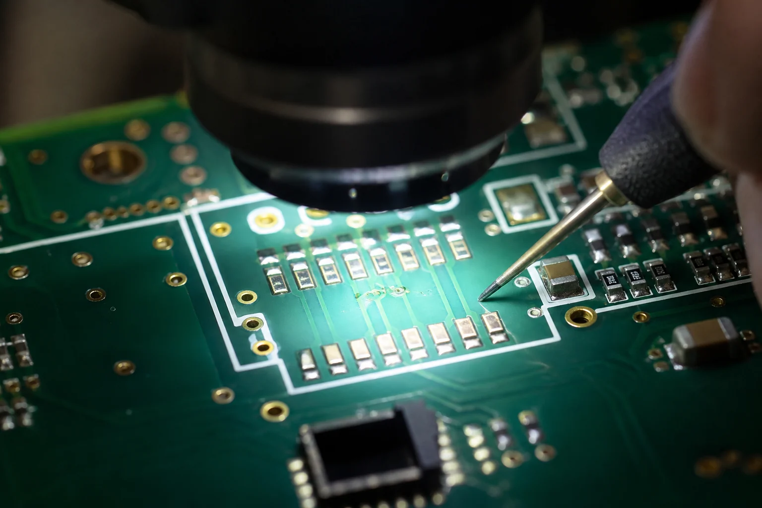How Thick Should PCB Solder Mask Be When Yield and Inspection Matter? 1 Close-up inspection of solder mask openings and pad spacing on a populated PCB under manufacturing lighting.