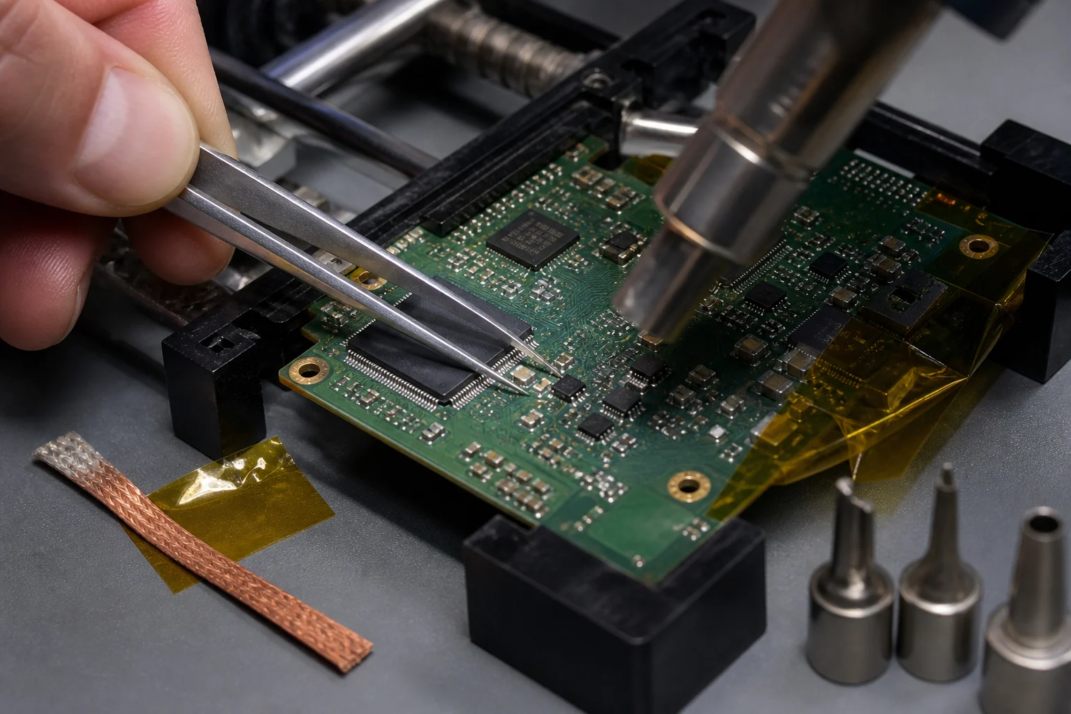 Close-up PCB rework setup with holder, tweezers, Kapton tape, and soldering tools arranged by package and repair task