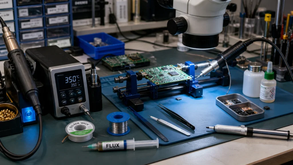 PCB rework bench with soldering station, microscope, flux, and board holder prepared for electronics repair