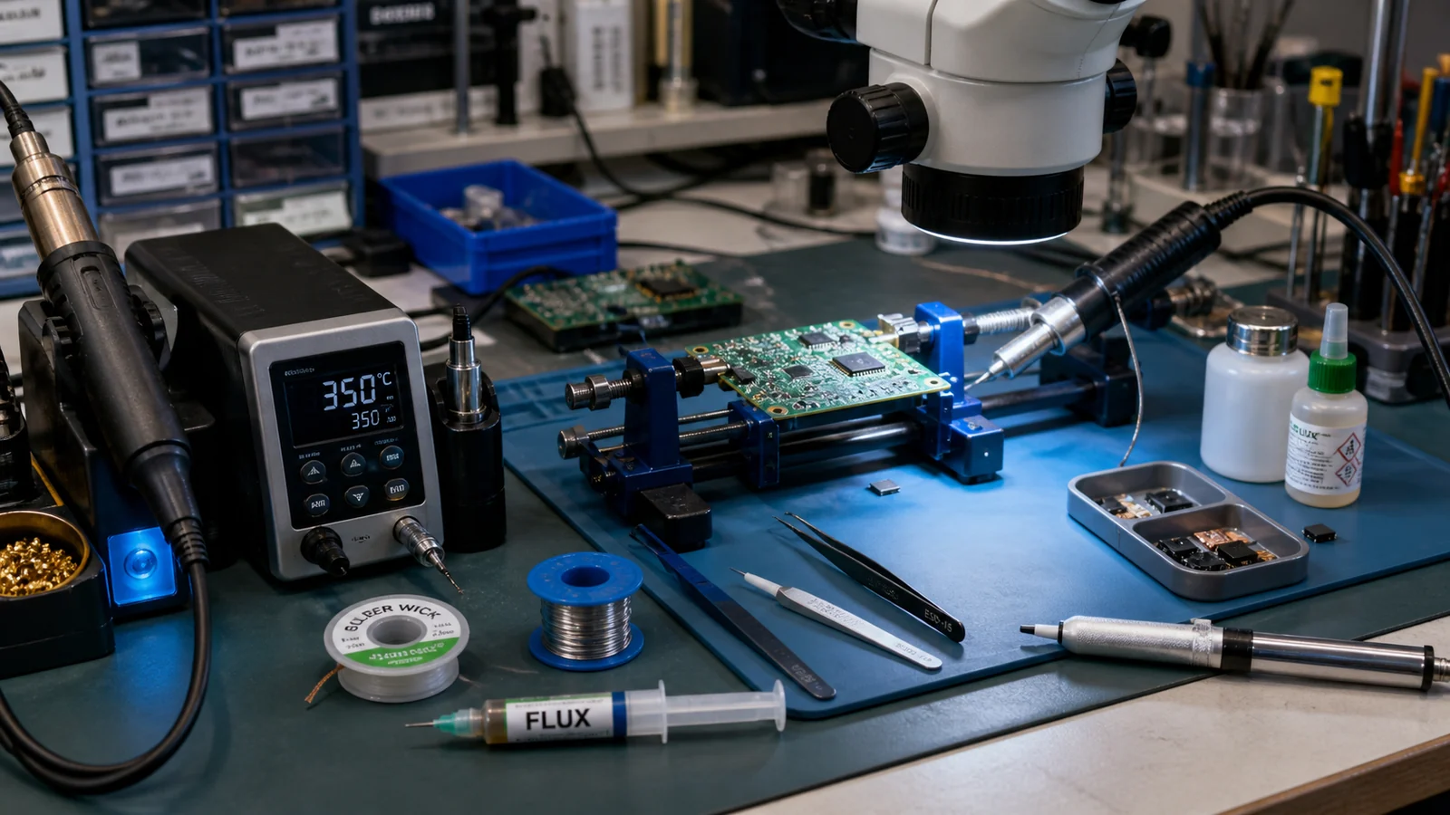 PCB rework bench with soldering station, microscope, flux, and board holder prepared for electronics repair