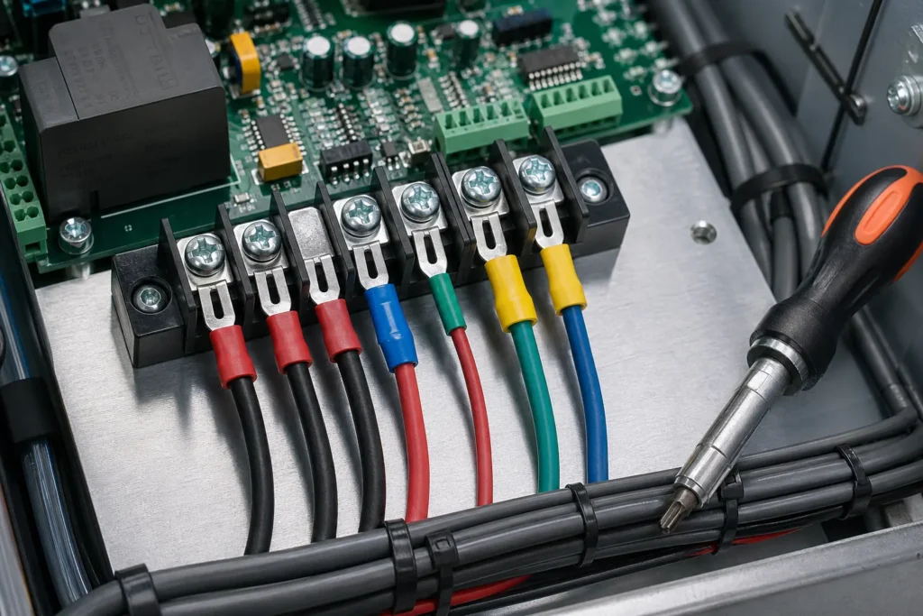 Spade connectors landing on screw terminals beside a control PCB and service wiring harness