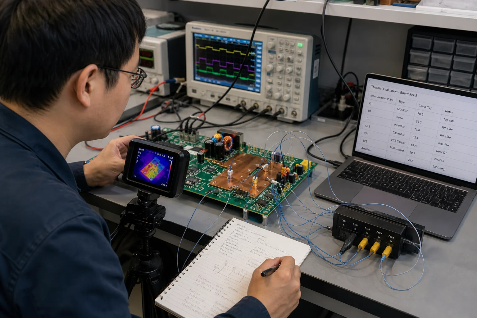 Thermal Impedance Matters Only When You Match the Number to the Real Heat Path 1 Engineer checking PCB thermal impedance behavior with thermocouples and a thermal camera during a powered board test.
