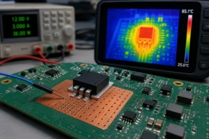 Power package mounted on a PCB with thermal copper and vias while a thermal camera shows the hot zone around the device.