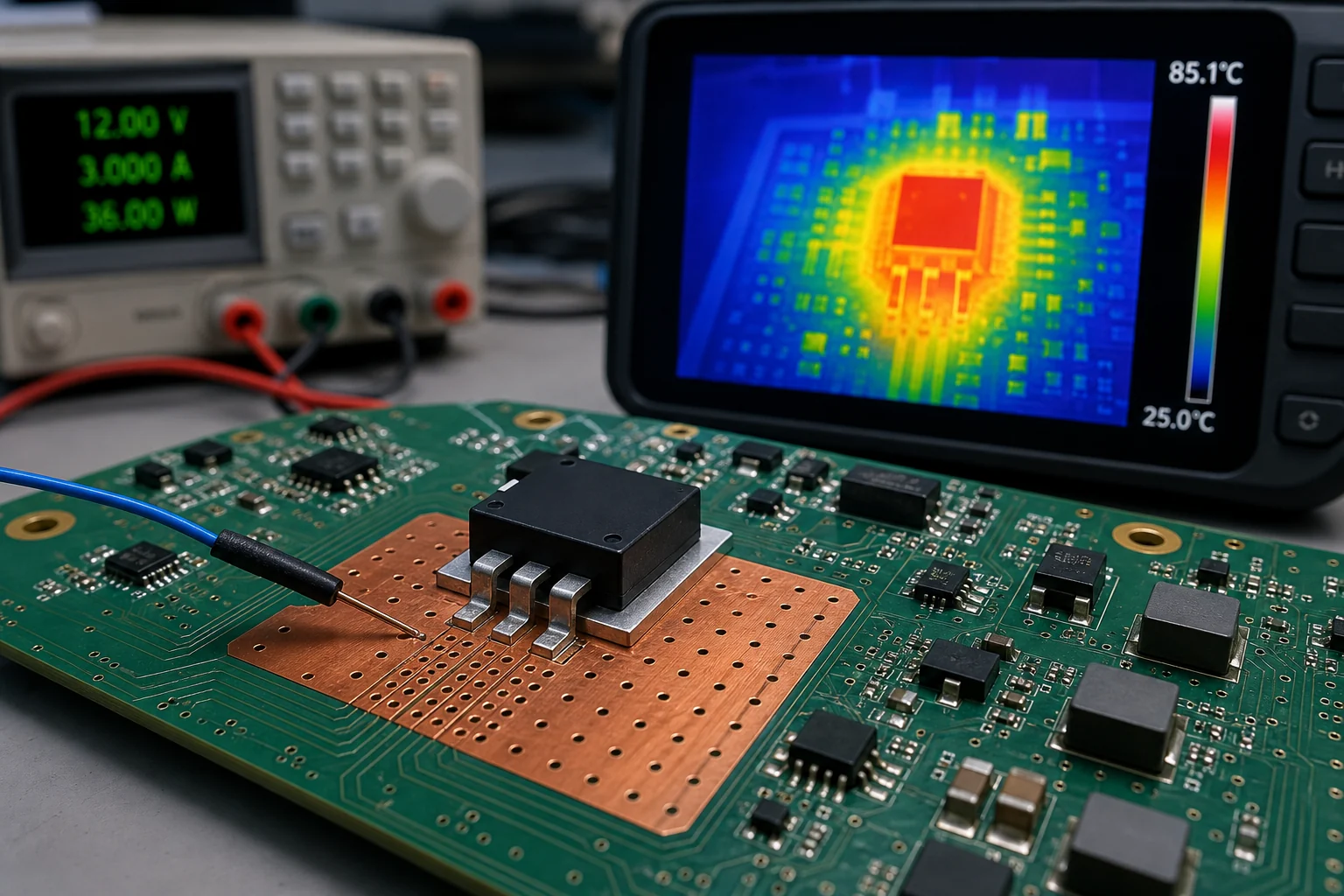 Power package mounted on a PCB with thermal copper and vias while a thermal camera shows the hot zone around the device.
