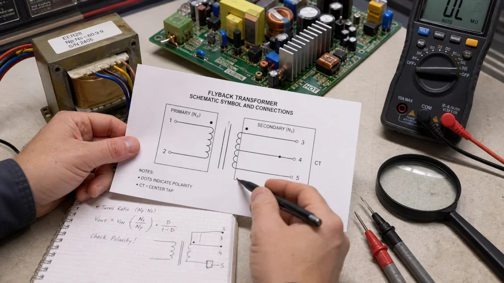 How to Read a Transformer Schematic Symbol Without Mixing Up the Windings 2 Engineer reviewing a transformer schematic printout beside a PCB and bench transformer