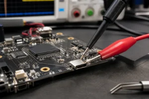 USB-C connector area on a populated PCB being checked with probes during board-level debug.