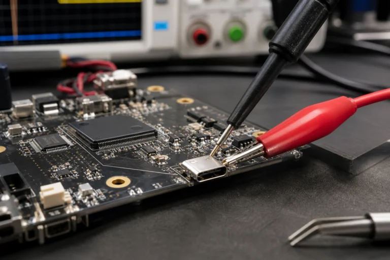USB-C connector area on a populated PCB being checked with probes during board-level debug.